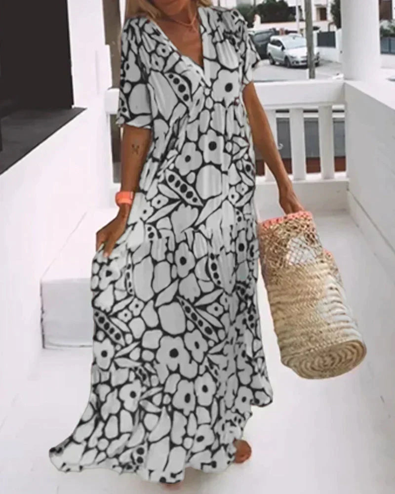 CHRISTINE | Long Summer Dress with Flowing Cut and Elegant Graphic Pattern