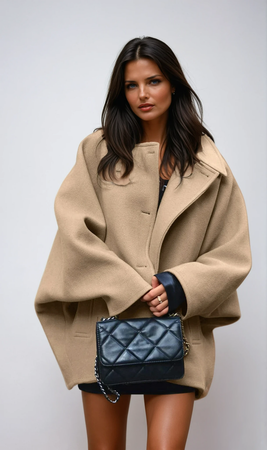 Women's Oversized Wool-Blend Coat with Button Closure