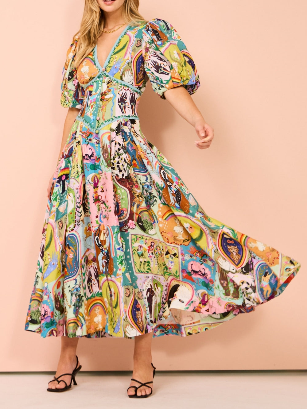 Casual Midi Dress with Graffiti Print Evergreen