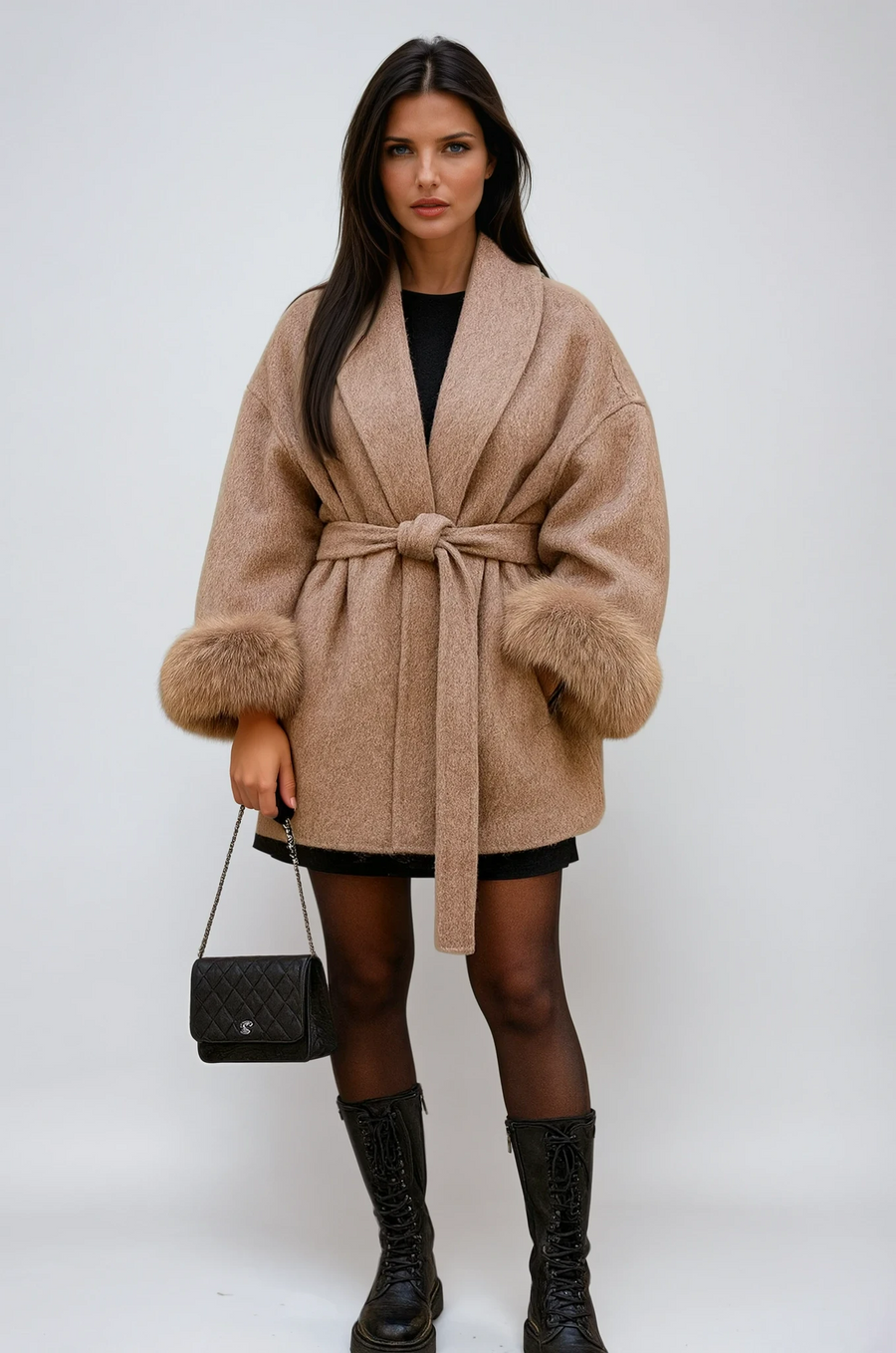 Women's Faux Fur Coat with Waist Tie Belt