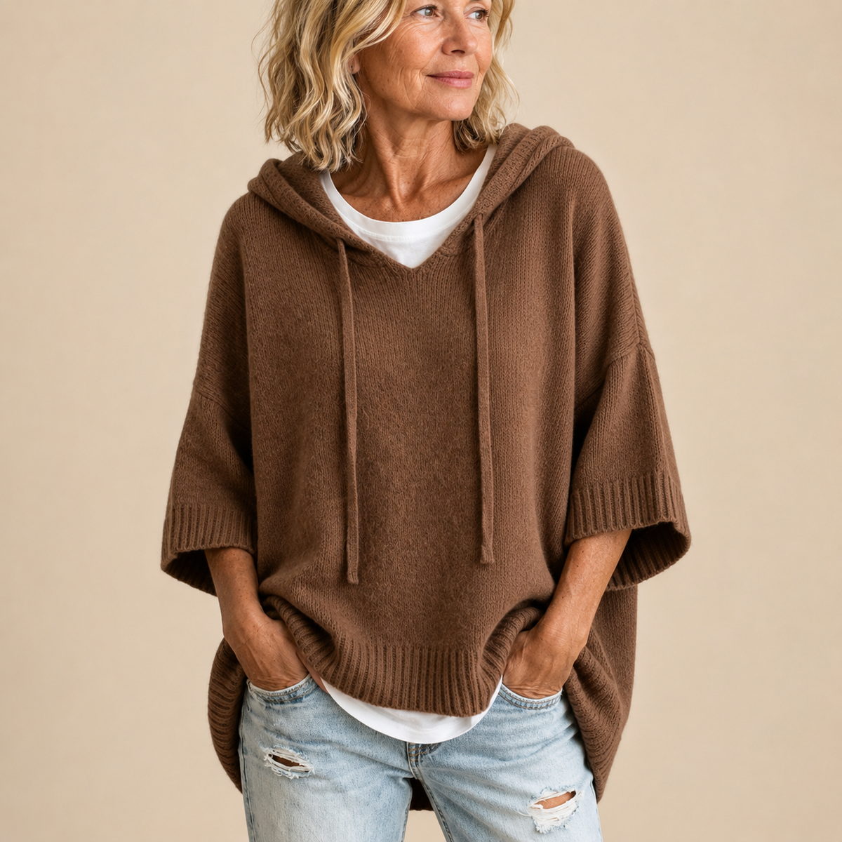 Eleanor | Brown Knit Hooded Poncho