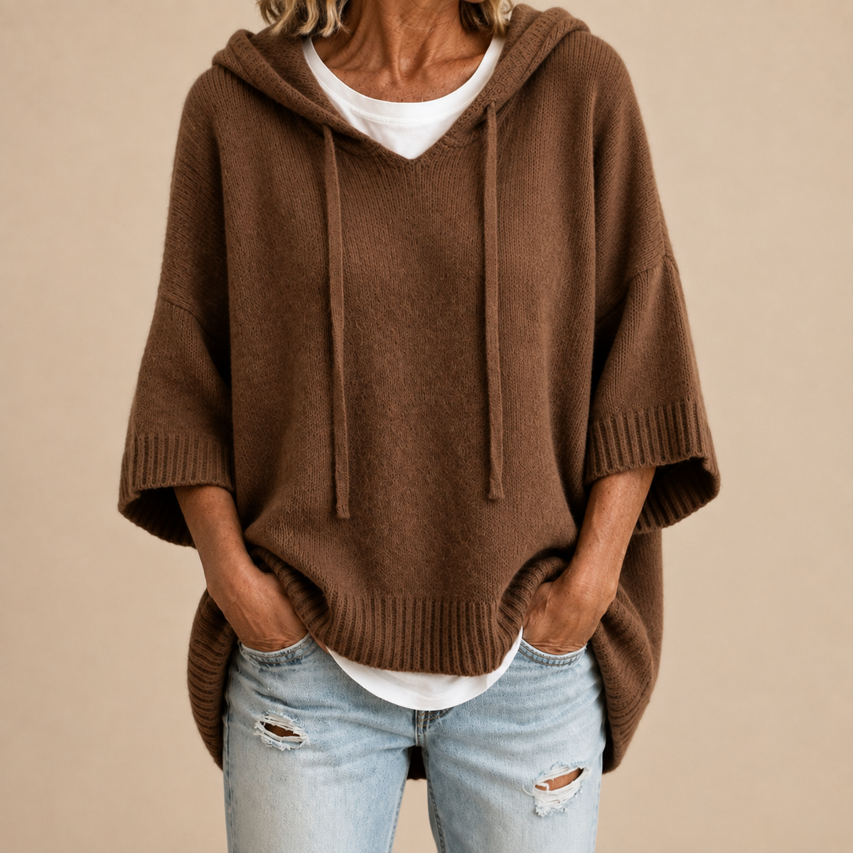 Eleanor | Brown Knit Hooded Poncho