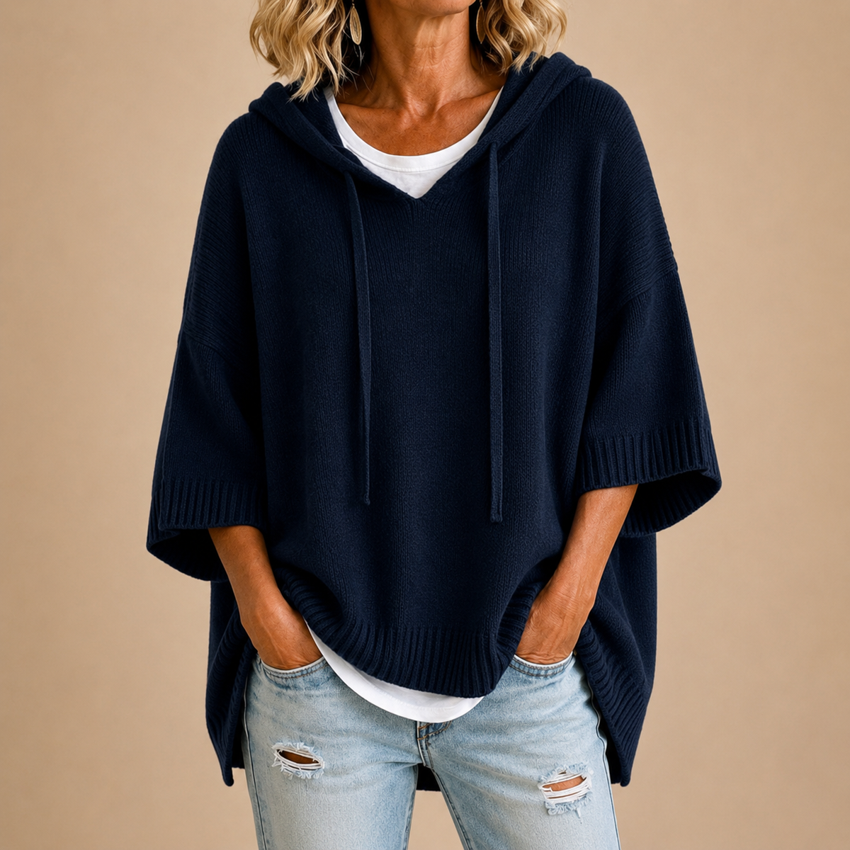 Emma | Knit Poncho with Hood in Navy Blue
