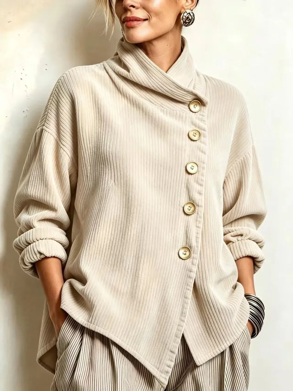 Olivia | The Corduroy Button-Up Top in Cream