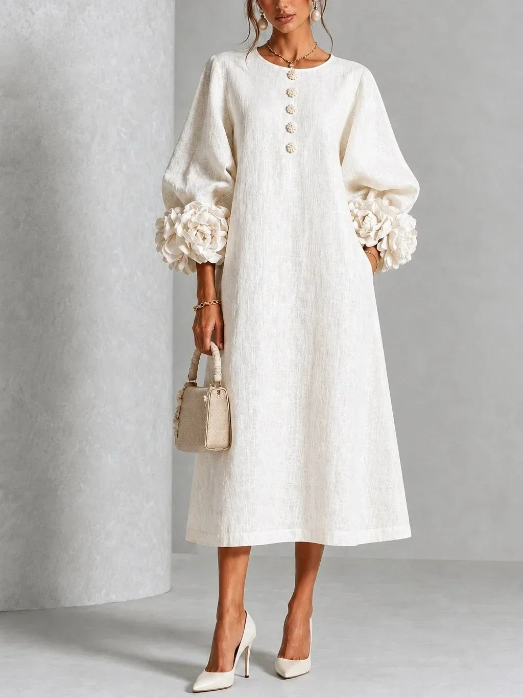 Adeline | 3D Floral O-Neck Lantern-Sleeve Midi Dress for Women