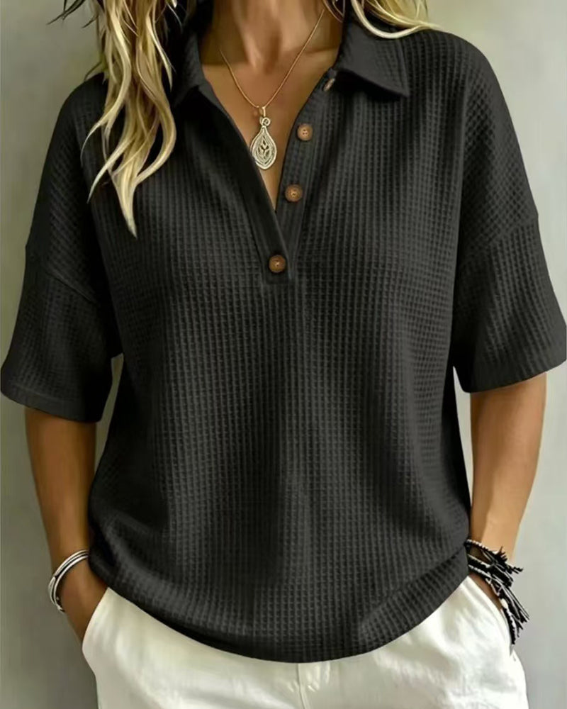 Sabrina – Relaxed Waffle Polo Top