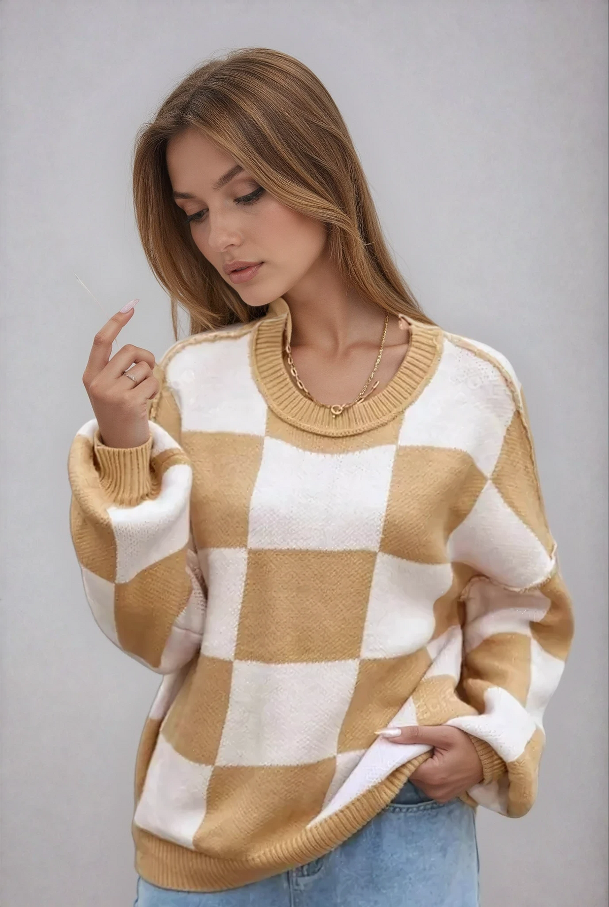 Women's Checkerboard Knitted Sweater