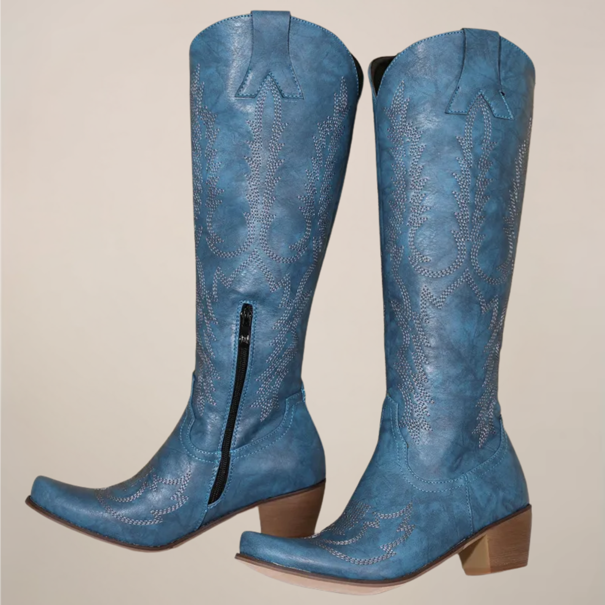Women's Knee-High Cowboy Boots with Embroidered Design
