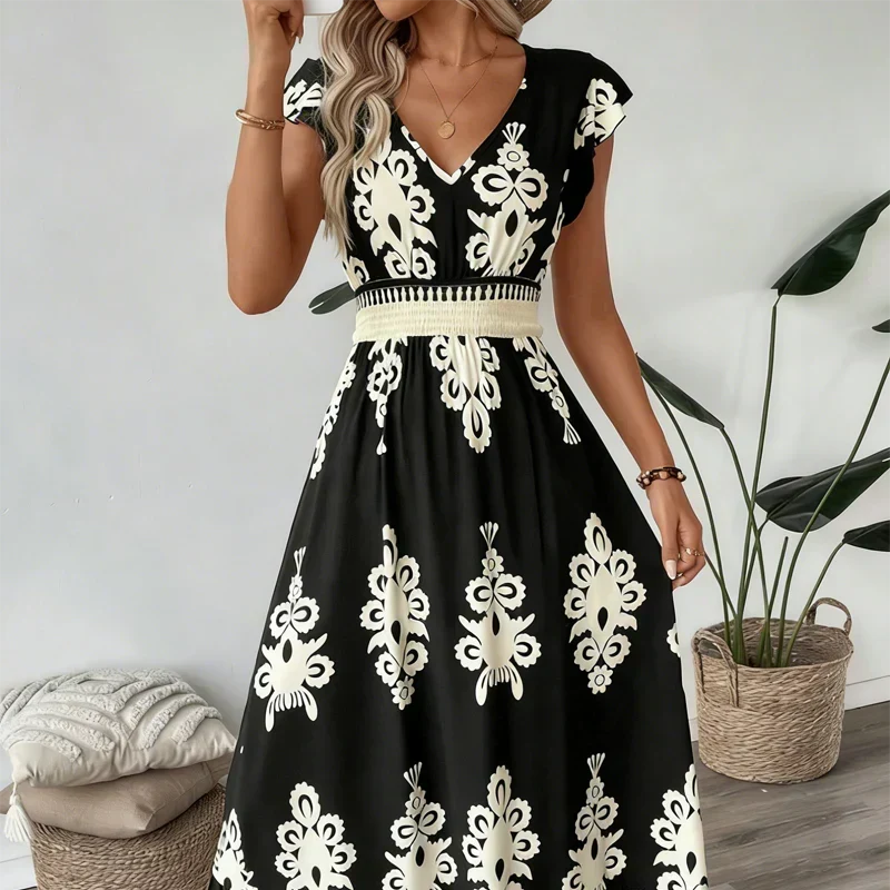 Celeste | Baroque Print Maxi Dress with V-Neck and Smocked Waist